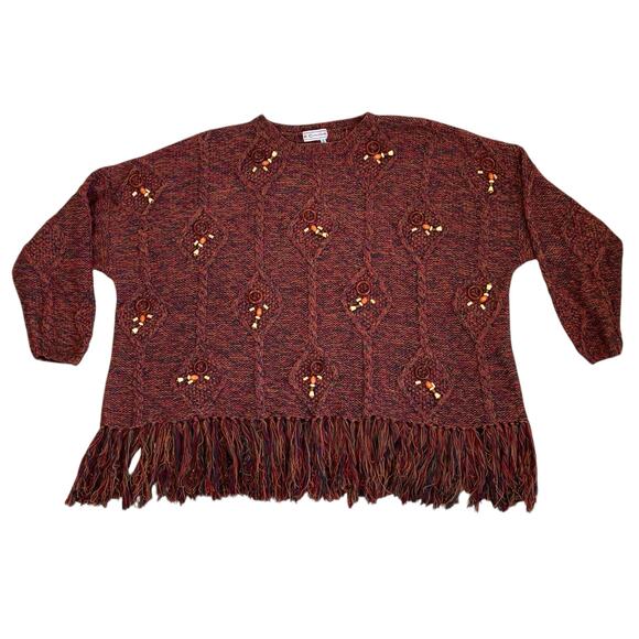 K.C. Creations Oversized Boho Artsy Tunic Sweater W Fringe Hem Rainbow Marled - Picture 6 of 16